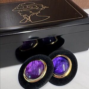 Vintage Avon Oversized 1.5" Purple Cabochon w/ Black Trim Statement Earrings